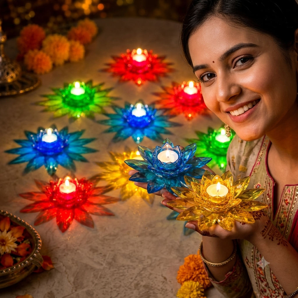 Pack of 12 Decorative Diwali Diyas | 3D Reflection Multicolour Floating Oil Lamp & Candle Diya for Festive Home Decor