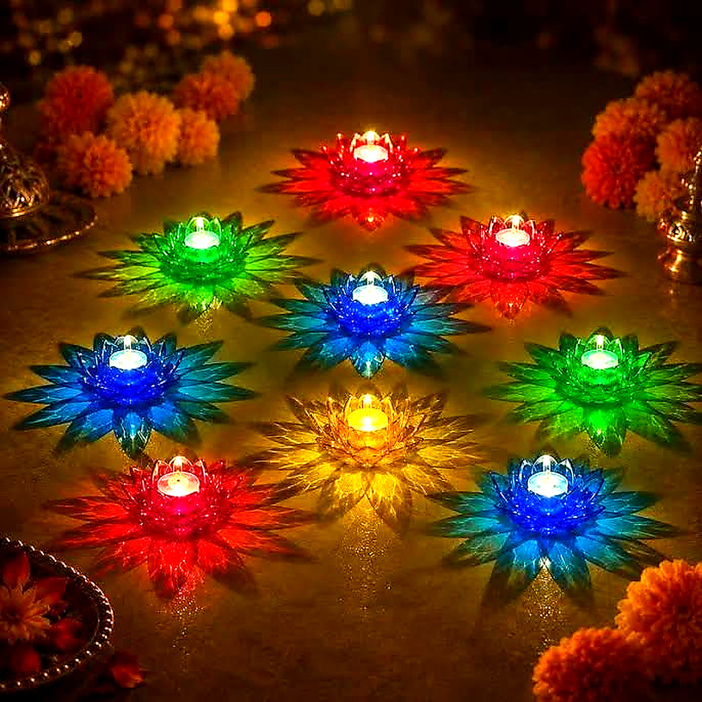 Pack of 12 Decorative Diwali Diyas | 3D Reflection Multicolour Floating Oil Lamp & Candle Diya for Festive Home Decor